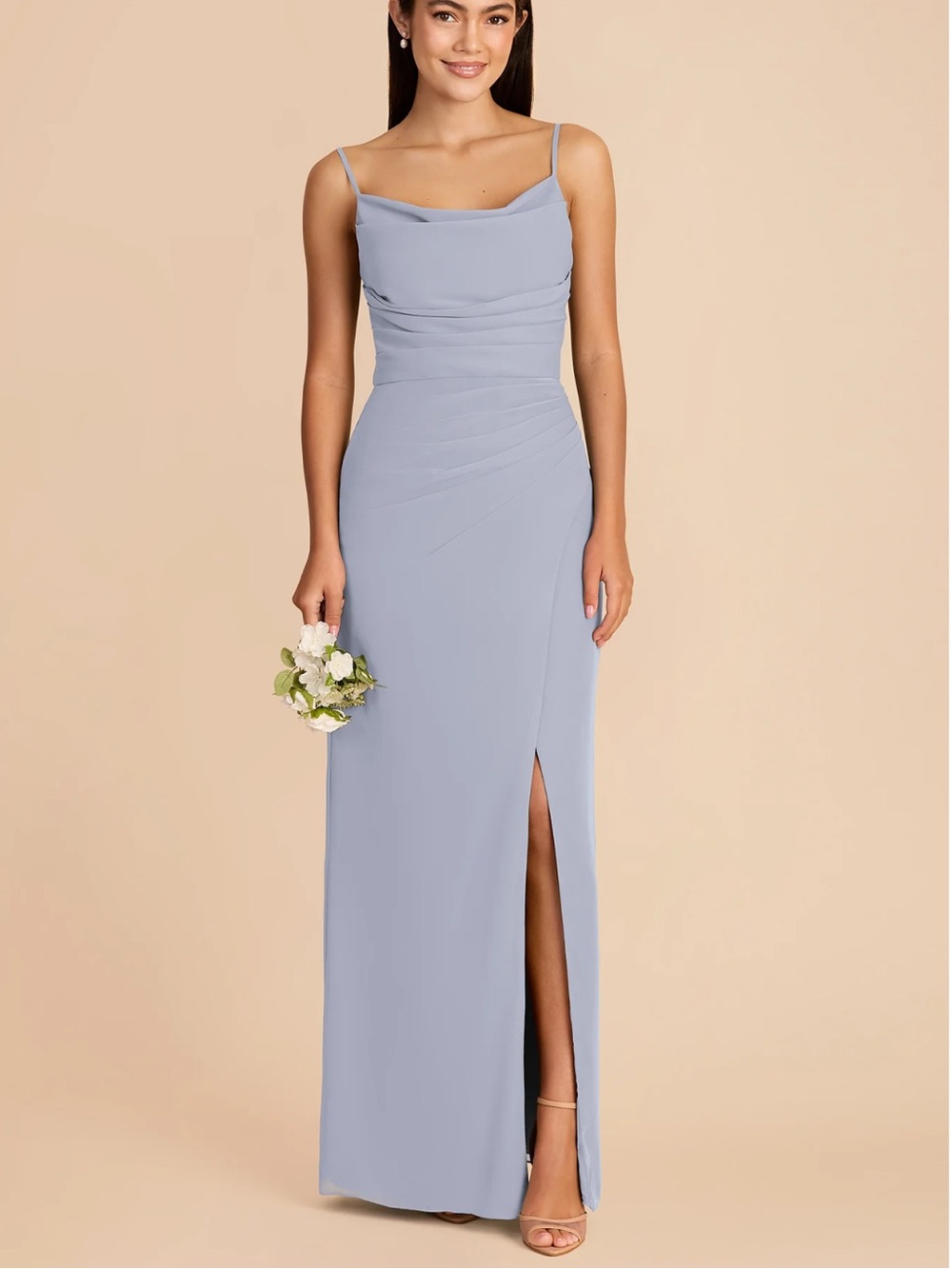 Cowl Neck Spaghetti Strap Gown in Dusty Blue